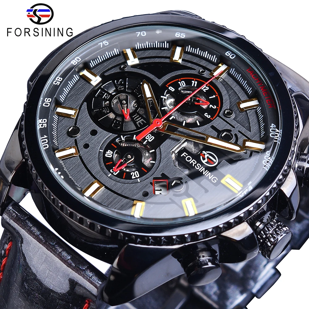 

FORSINING Black Automatic Speed Racing Men Sports Watch 3 Dials Date Day Shiny Polished Leather Strap Mechanical Relojes Hombre