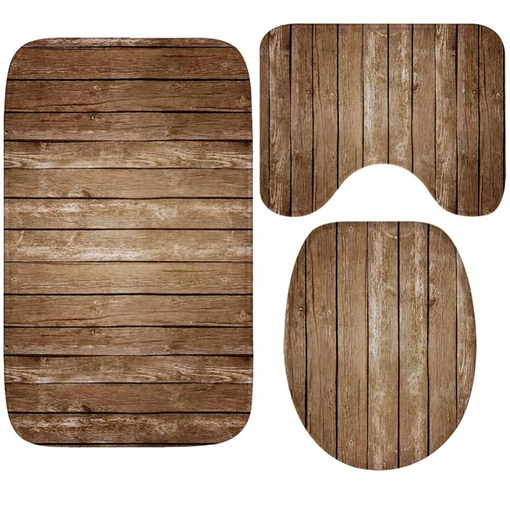 3-Piece Set Memory Foam Pine Wood Pattern Bathroom Rug Mat Soft Non-Slip Absorbent for Toilet Tub Shower and Bath Room