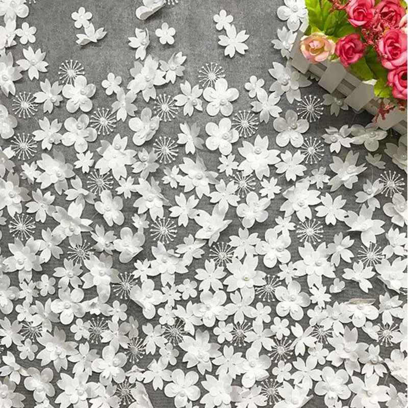 Белая свадьба слоновой кости платье кружевная ткань 3D шифон цветы ногтей атласная бусина высокого класса европейская кружевная ткань