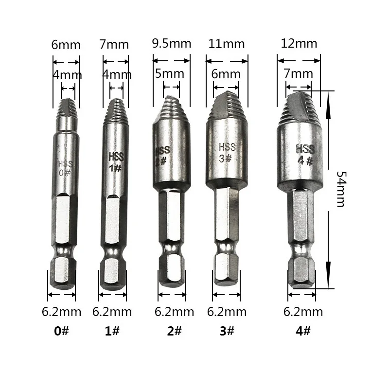 5Pcs Damaged Screw Extractor Set 1/4 Inch Hex Shank Hss Screw Remover Tool for Easily Speed Out Remove Broken or Stripped Stud B 6pc damaged screw extractor remover drill bit set disassemble screws bolt stud slip teeth demolish stripped broken remover tools