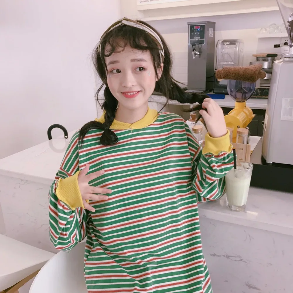 2019 Женская японская панк Harajuku Ulzzang Корейская полосатая свободная хлопковая