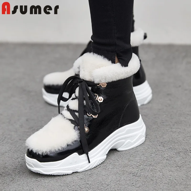 

ASUMER 2019 winter snow boots women round toe lace up cow patent leather boots platform ankle boots winter keep warm snow boots