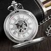 Vintage Silver Pocket Watch Mechanical Man Hand Wind Steampunk Necklace Fob Watch Chain Roman Numerals Lady Clock For Women Men