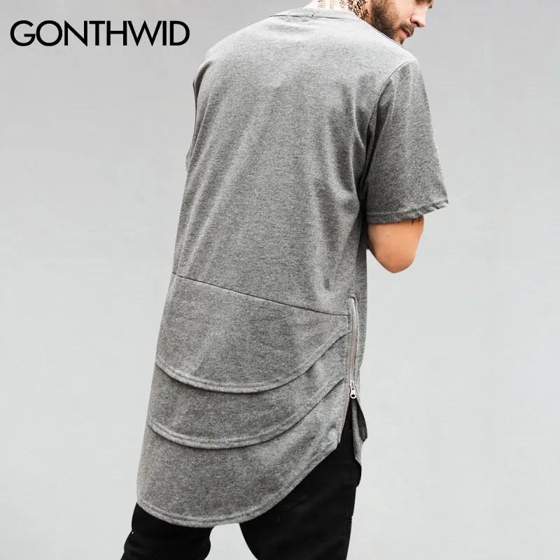 GONTHWID Side Zipper Extended Long Curved Hem T Shirts Mens Three Layer