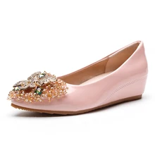 Pink Shoes woman 3cm Heel Wedges Shoes Autumn Bling Rhinestone Bow Ladies Pumps Casual Slip On Women Pumps High Heels chinese vintage women pumps slip on natural linen floral pumps slope heel retro cloth canvas soft shoes woman