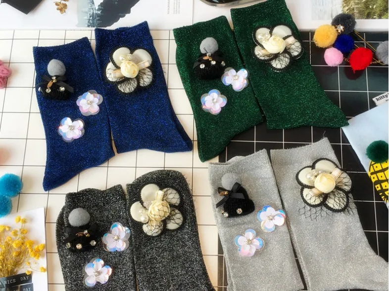 Gtglad, Новое поступление, корейский стиль, модные женские носки, женские, весна-зима, необычные, с блестками, с цветами, с камнями, ручная работа, носки