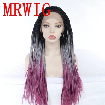 

MRWIG Ombre Grey/Purple 26in Free Part Braided Box Braids Wig Synthetic Glueless Front Wig Baby Hair Heat Resistant Fiber