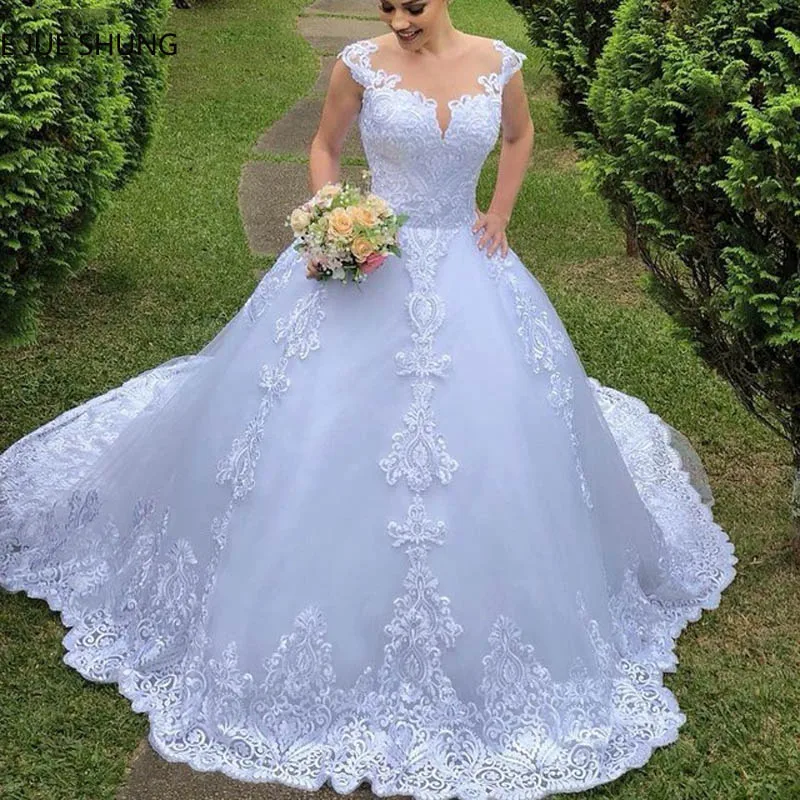 

E JUE SHUNG White Vintage Lace Ball Gown Wedding Dresses Sheer Back Buttons Wedding Gowns Bridal Dresses vestidos de novia