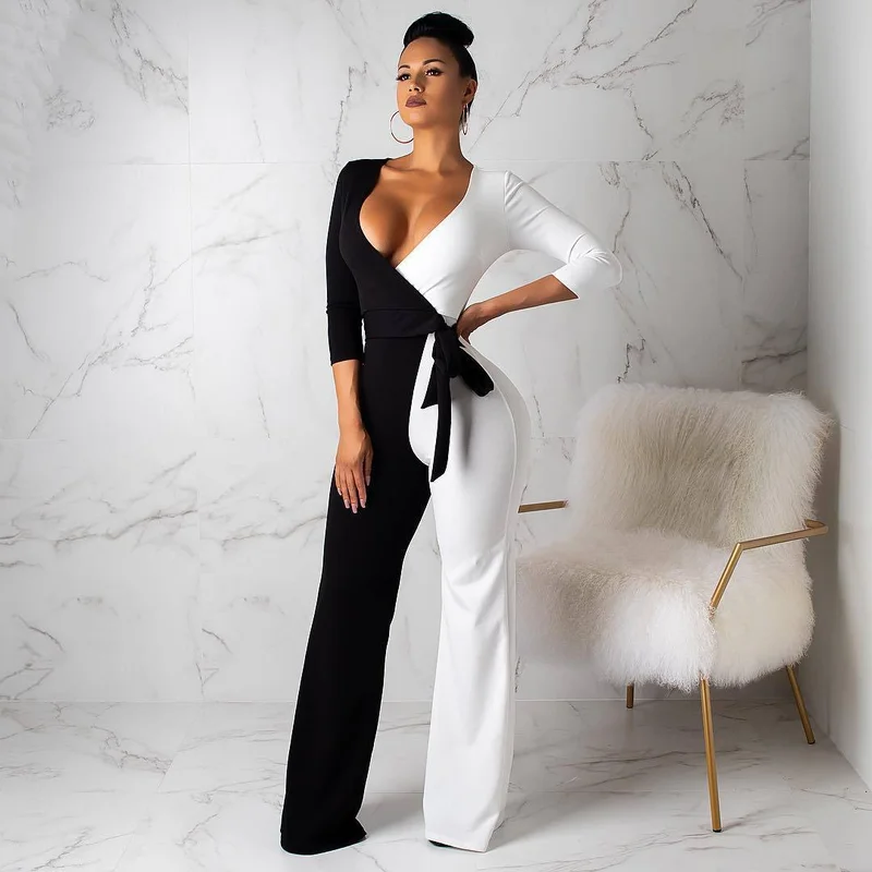 

Spring Women Long Sleeve Wide Leg Jumpsuits Romper V-Neck Strap Double Color Patchwork Sashes Jumpsuit Woman OL Casual Overalls
