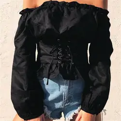 2018 сексуальные топы женские кружевные атласный корсет блузка фонарь рукав с открытыми плечами Топ рубашка-корсет Blusa Mujer