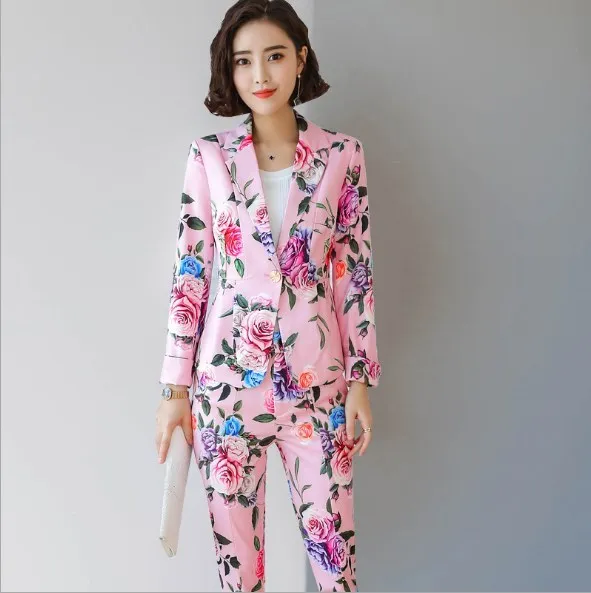 Fashion Elegant Business Pant Suits For Women Blazer and Trouser 2 Piece Set Ladies Floral Print Pants Suits Office Work Outfit