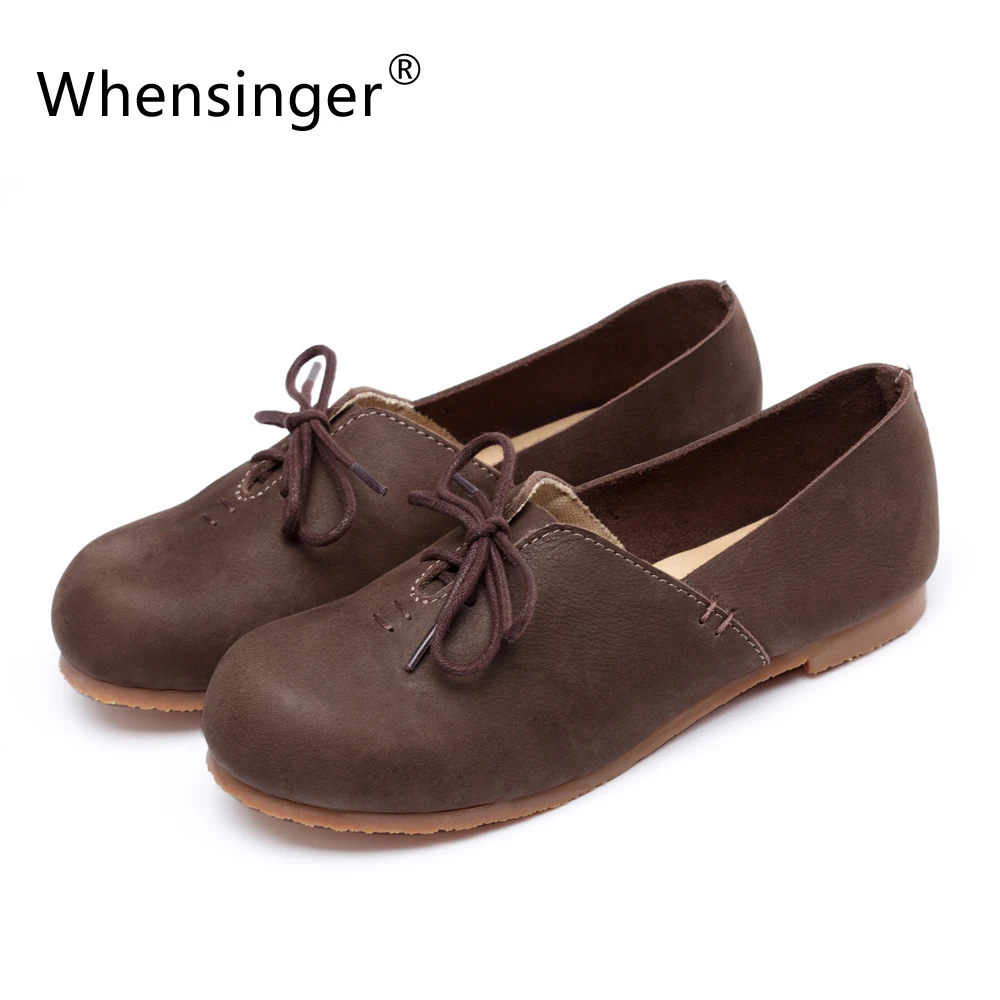 Whensinger 2016 Spring Brand Lace-UP Women Flat Shoes Genuine Leather 2 Color Round Toe Size 5-9 Rubber Sole 998-3