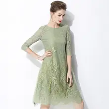 Новое летнее модное платье, женское платье с рукавом три четверти, однотонное кружевное платье с вышивкой, ТРАПЕЦИЕВИДНОЕ Повседневное платье зеленого цвета