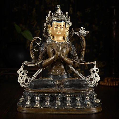 

21CM # HOME Talisman efficacious House Protection # Tibetan Buddhism Four-armed Avalokitesvara Bidhisattva Gilding statue