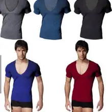 Мужская летняя однотонная облегающая футболка с глубоким v-образным вырезом и коротким рукавом