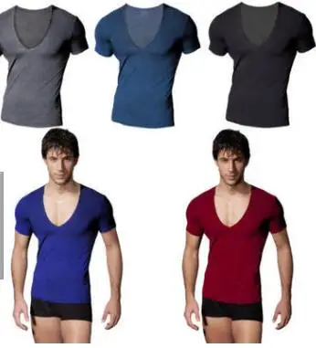 

2018 Men's summer solid color deep V-neck tight-fitting short-sleeved T-shirt