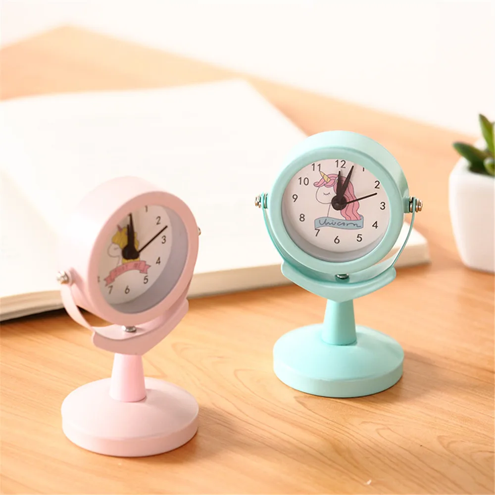 

Cute Girls Unicorn Mini Retro Alarm Clock Fresh Pink Metal Shell Table Clock Student Portable Desk Decor Clock