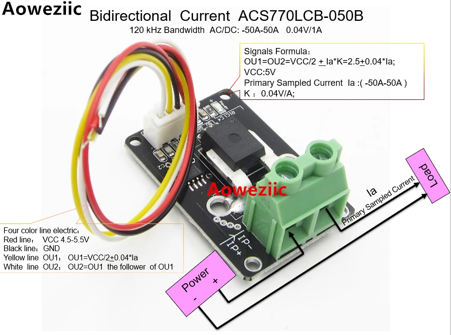 Aoweziic Bidirectional AC/DC Current Sensor module ACS770LCB-050B ACS770LCB-050 120 kHz Bandwidth AC/DC: -50-50A 0.04V/1A | Обустройство
