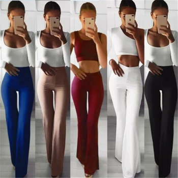 

Women Solid Wide Leg Pants High Waist Full Length Flare Pants & Capris Workwear Elastic Bell Trousers Pantalon Femme