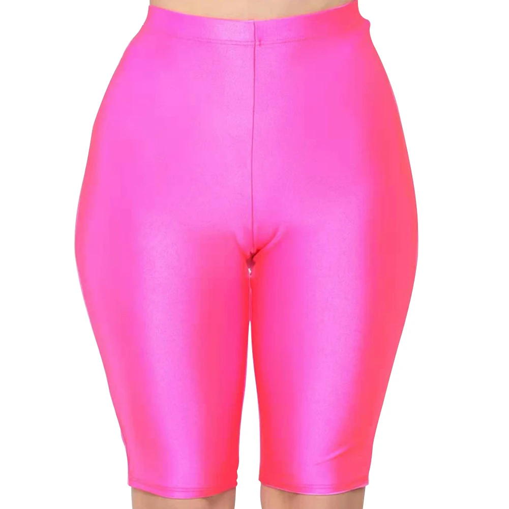 

Elastic Accessories Solid Bodycon Women Shorts Daily Outdoor Casual Sexy High Waist Fluorescent Glossy Polyester Summer Skinny