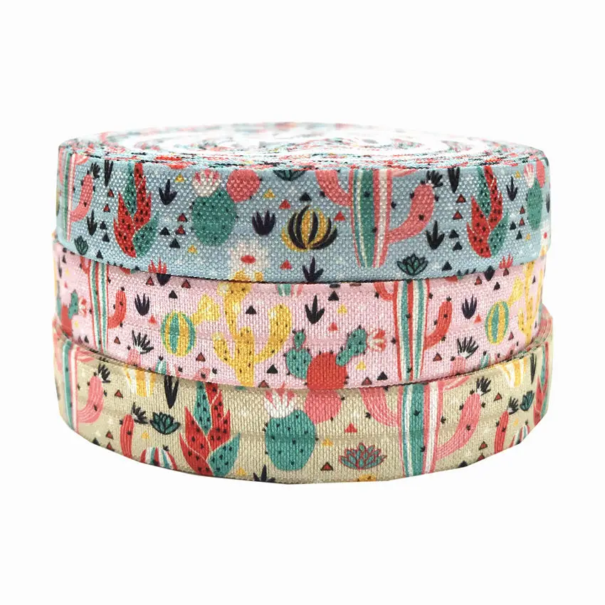 

5 Yards Multi tropical Cactus 5/8'' printed fold over elastic hair ties elastic hair accessories FOE ribbon elastic ponytail