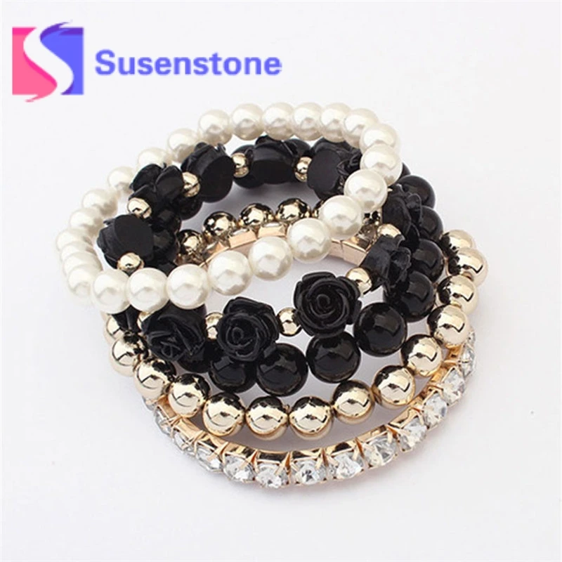 

5Pcs/Sets Women's Fashion Jewelry Multilayer Colored Acrylic Rose Flower Round Pearl Shining Crystal Elastic Bracelets Wholesale