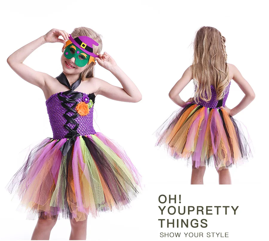Girls Witch Tutu Dress with Mask Rainbow Style Kids Halloween Costumes Tulle Flower Baby Girl Fancy Carnival Party Tutu Dresses (8)