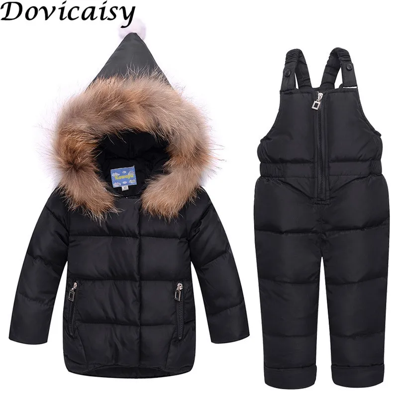 

New Winter Child Clothing Set Children Hooded Fur Collar Coat Clothing Sets Girl Straps Fashion Trousers Clothing Set