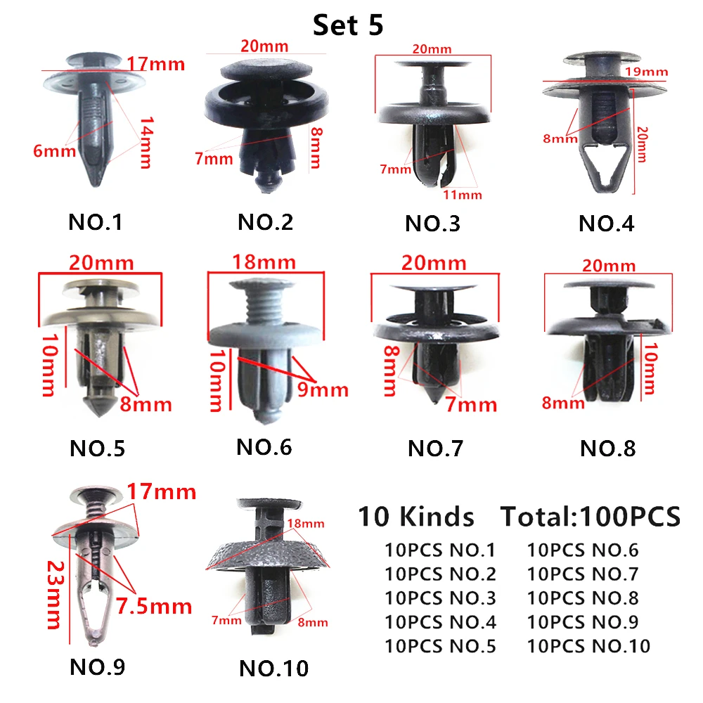 100 шт, разные универсальные 5 мм, 6 мм, 7 мм, 8 мм, 9 мм, 10 мм, автомобильные крепления из пластика, зажимы для всех автомобилей, винтовые заклепки