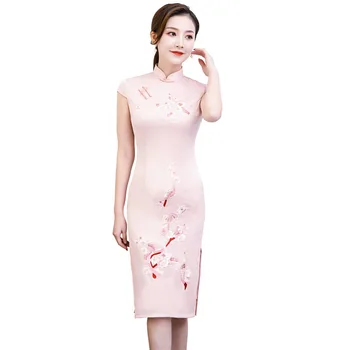 

Shanghai Story Short Sleeve Faux Silk Qipao Cheongsam Dress Flower Embroidery Chinese Traditional Dress for Woman 2 Color