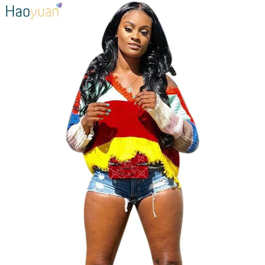 

HAOYUAN Sexy Sweater Autumn Winter Jumpers Korean Knitted Clothes Fashion Striped Oversized Loose Women Sweaters and Pullovers