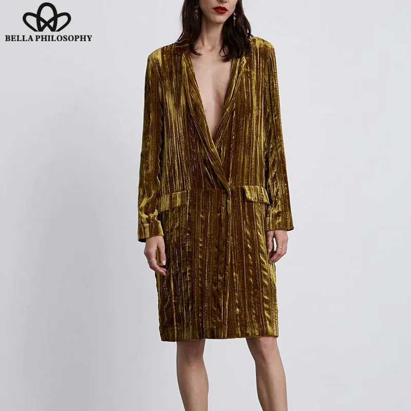Wonder Spring Vintage Velvet Knee Length Dress Casual Pockets Female A-Line Dress Lady V-Neck Long Sleeve Loose Dress 2019 new