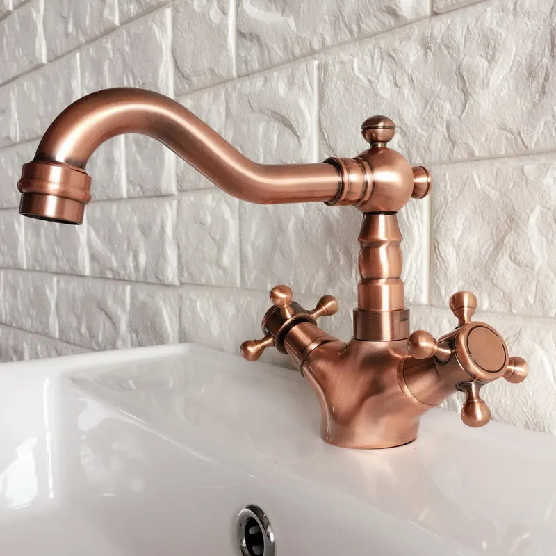 

Antique Red Copper Brass Kitchen Bathroom Vessel Sink Single Hole Basin Swivel Spout Faucet Dual Cross Handles Water Tap arg053