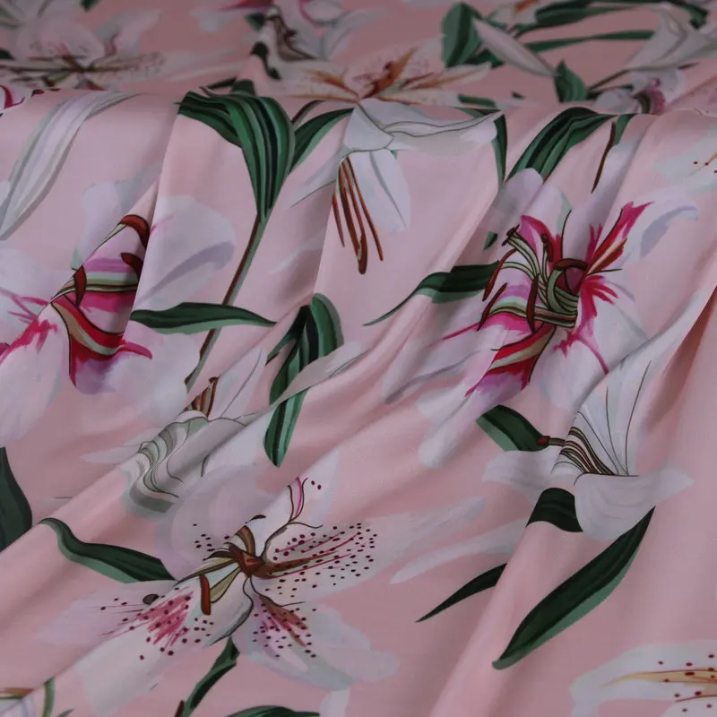 

pink lily flowers print polyester silk satin fabric tissu au metre,soft imitate silk fabric for dress DIY cloth for sewing