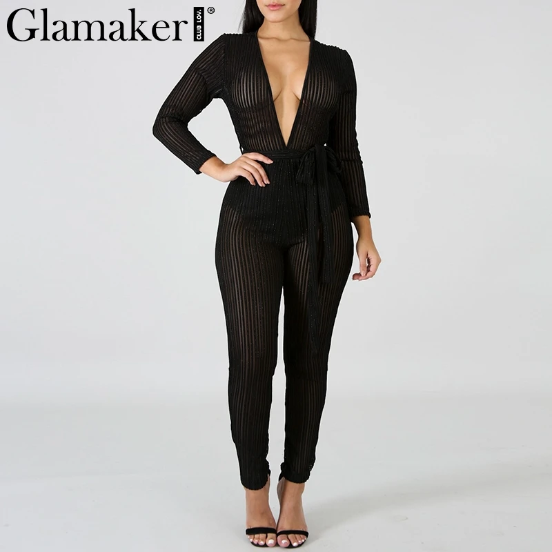 

Glamaker Mesh transparent deep v neck jumpsuit Women summer long sleeve slim jumpsuit black rompers sexy female elegant overalls
