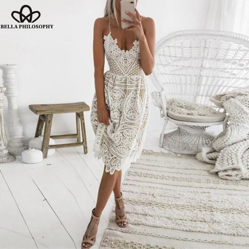 Wonder Sexy Evening Club Party Dress Women Summer Deep V Neck Backless Lace Dress Fashion Sleeveless Halter Bandage Midi Dress