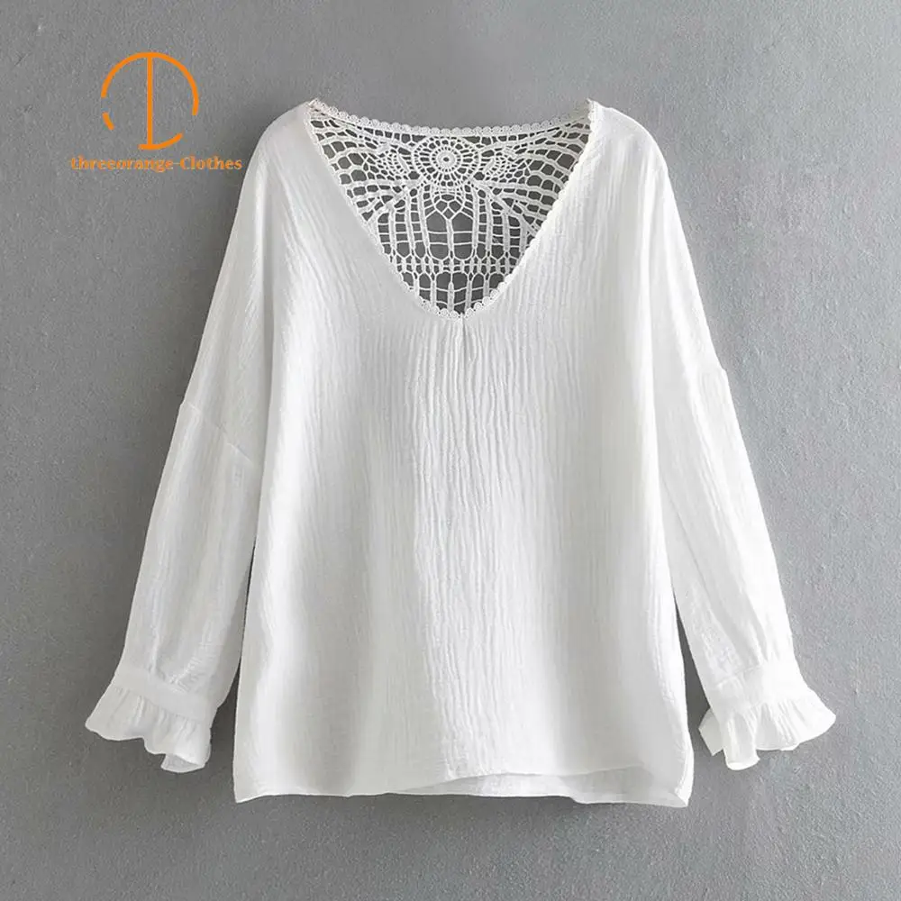 

Summer Solid white blouse shirt women soft wrinkled cotton fabric back embroidery hollow out full sleeve Casual loose top blusas