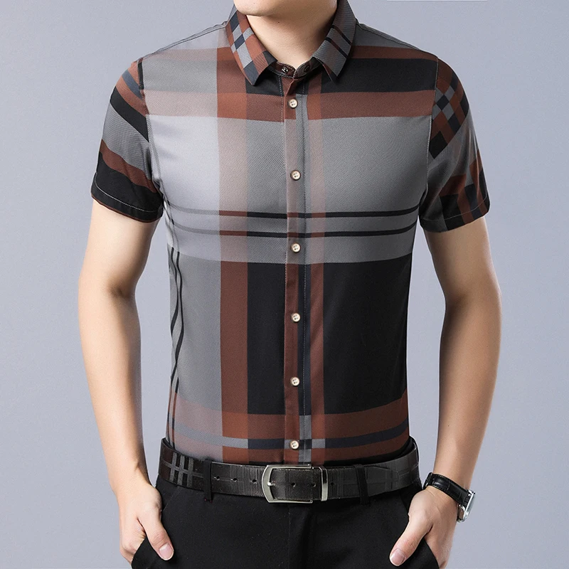 New Men's Branded Check Printed Shirt Short Sleeve Shirt Casual Designer Shirt 