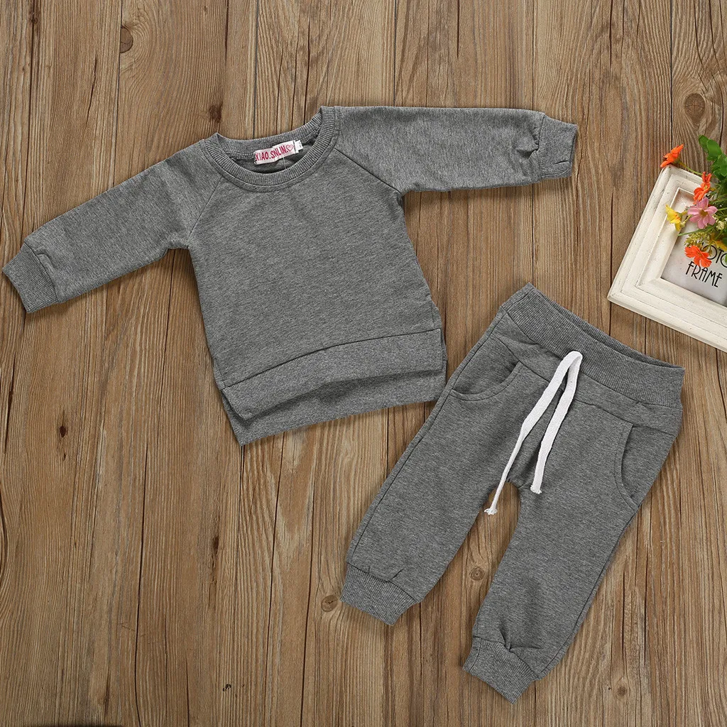 Children Clothing Sets Toddler Kids Baby Boys Girls Solid Tops Pants Homewear Casual Soft Kids Autumn Winter Outfits Sets C50