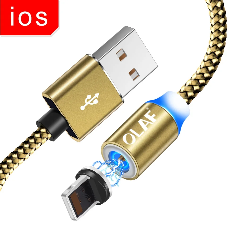 Gold IOS OLAF 1 м 2 м светодиодный кабель для быстрой зарядки Micro usb type C для Xiaomi Redmi Note 7 Mi9 Магнитный кабель для зарядки для iPhone X XR XS Max - Цвет: Gold IOS