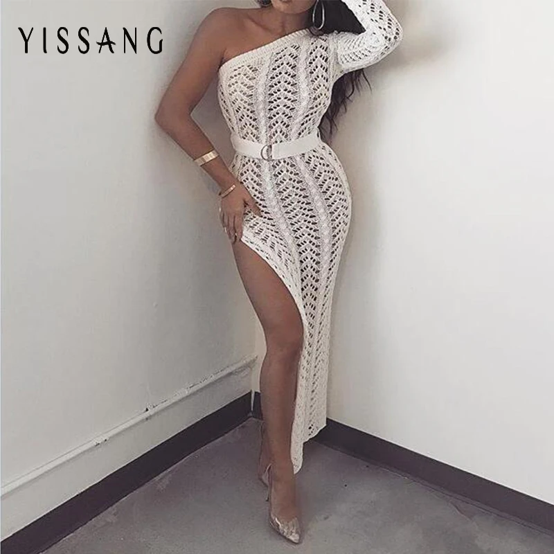 

Yissang Long One Shoulder Knitted Maxi Dress Sexy Side Split Women Clubwear Hollow Out Dresses Female Elegant Dress Vestdios