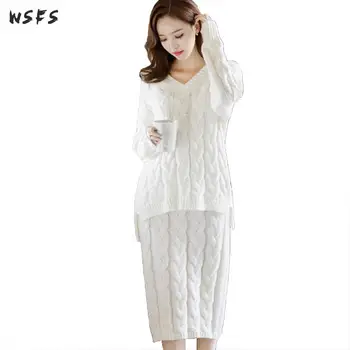 

2 Piece Set Autumn White Black Knitted Vneck Full Sleeve Top Women Dress Midi Vest Skirt Sexy Party Office Ladies Long Dress