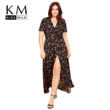 Kissmilk Plus Size Women Floral Print Wrap Sweet Holiday Waist Tie Deep V Neck Short Sleeve Split Front Midi Dress split sleeve plus size wrap top