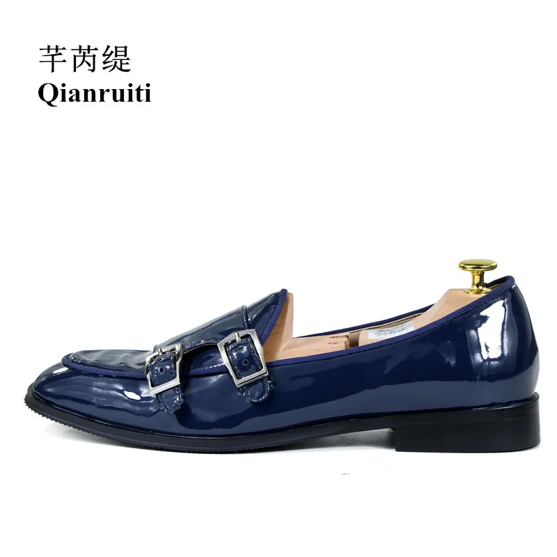 Qianruiti модные туфли в итальянском стиле, Мужские модельные туфли без шнуровки на Лакированная кожа высокое качество оксфорды на ремешке с пряжкой; Бизнес Свадебные модельные туфли