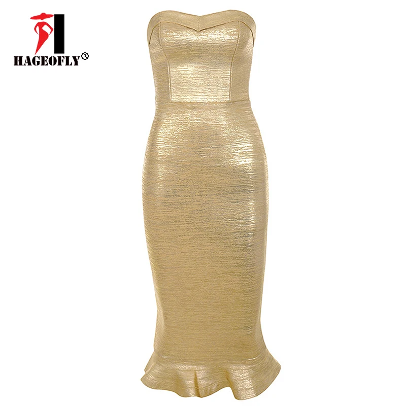 gold dress Сексуальное горячее тиснение вискозное Бандажное платье для женщин Новинка знаменитостей без бретелек с оборками Русалка облегающее подиумное вечернее платье vestidos - Цвет: gold dress