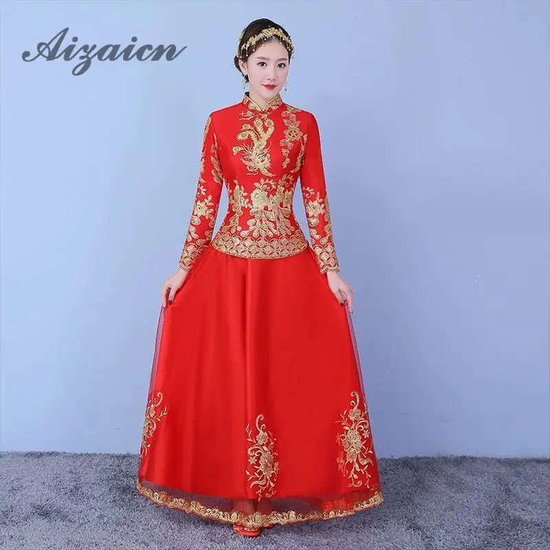 2019 nuevo rojo chino tradicional boda Vestido Qipao traje largo Rouge Vestidos de noche bordado Cheongsam Vestidos Chinoise