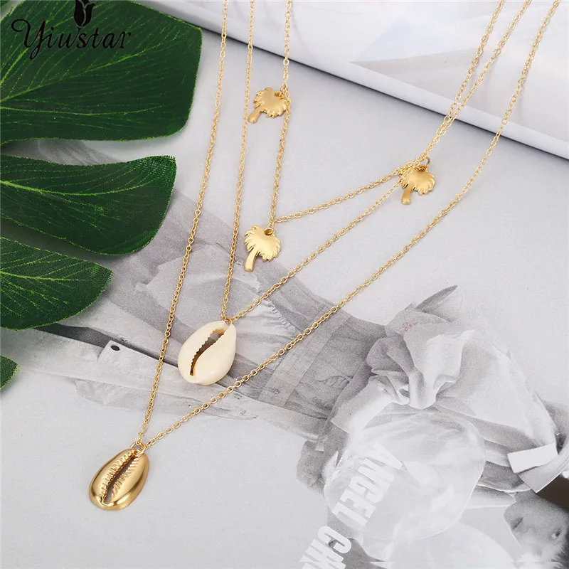 

Oly2u Bohemia Multilayer Coconut Tree Shell Choker Necklaces Statement Alloy Natural Seashell Pendant Necklace for Women joias