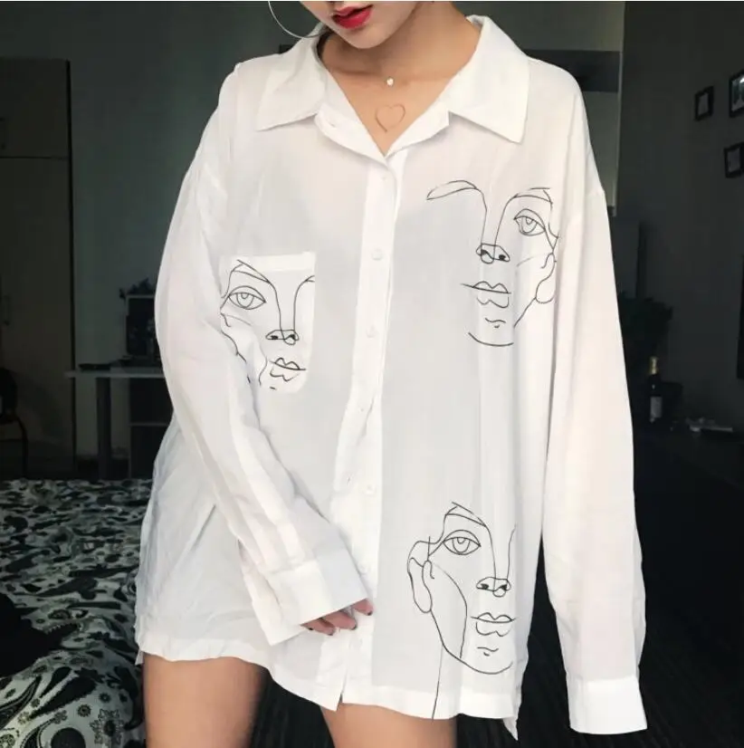  Women's Tops and Blouses Cotton Line Print Sketching Face Retro White Shirts with Long Sleeve White