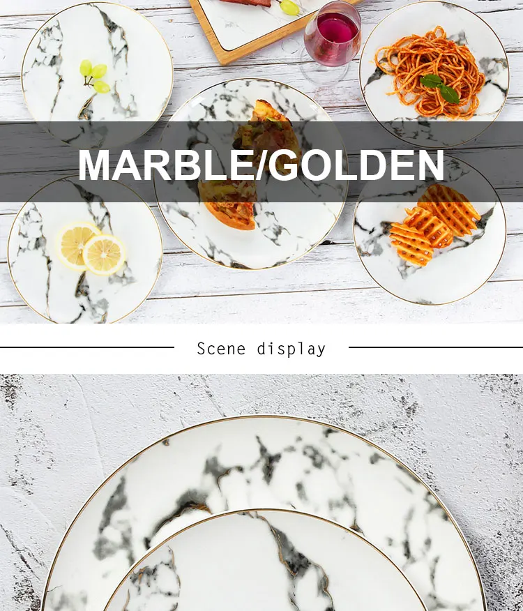 Европейский 4 шт. мраморный керамический круглый золотой инкрустация костяного фарфора тарелка стейк десерт фарфоровые тарелки блюда домашняя кухня столовая посуда набор