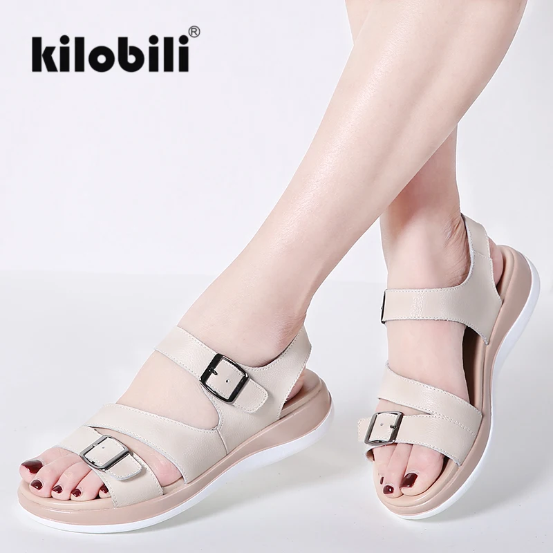 

kilobili 2018 Summer Sandals Women Flats shoes Genuine Leather Buckle Front rear strap leisure causal sandals footwear female